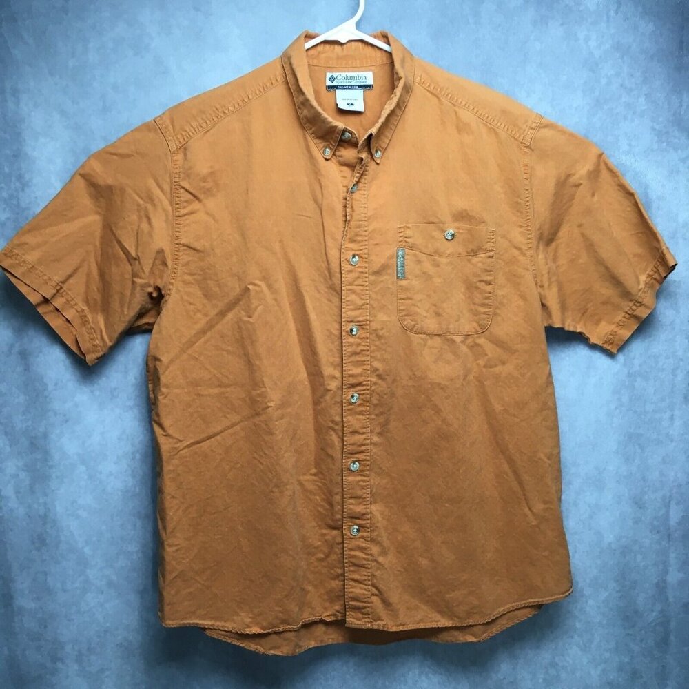 Columbia‎ Mens Button Up Shirt size XL Orange Short Sleeve Pocket Cotton Blend